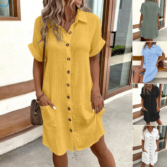💕💕【Produs nou de vară】🎁Rochie cu mânecă scurtă din bumbac și in, ușoară și respirabilă 