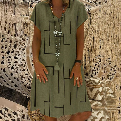 Horúci výpredaj【🏆S-5XL】👗 Jednofarebné jednoduché bavlnené šaty s výstrihom do V 3923792
