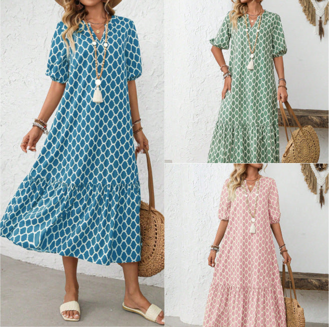 【50% de descuento】【Tallas S-2XL】🌺🌺 Vestido moderno y elegante con estampado geométrico y escote en V.