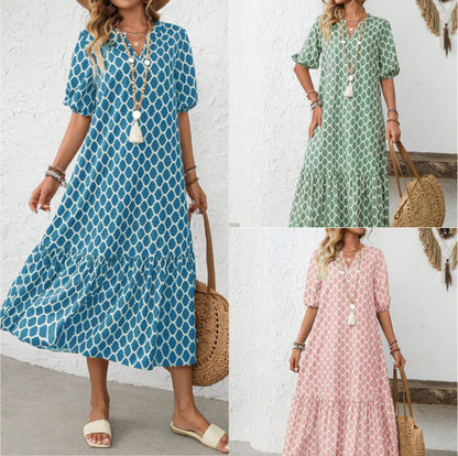 【50% de descuento】【Tallas S-2XL】🌺🌺 Vestido moderno y elegante con estampado geométrico y escote en V.