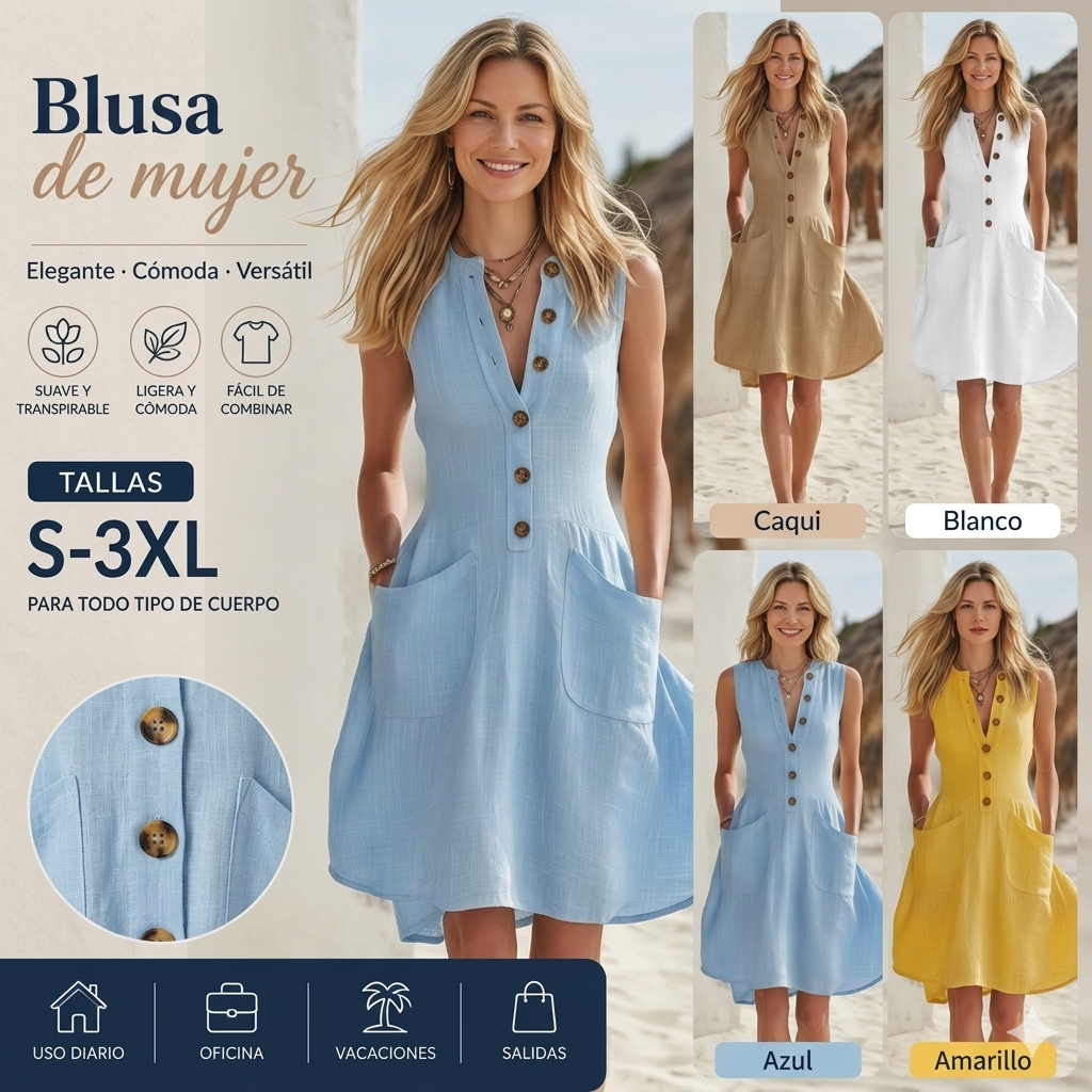 ✨【S-3XL】Vestido cómodo de algodón y lino para mujer, sin mangas, con botones.