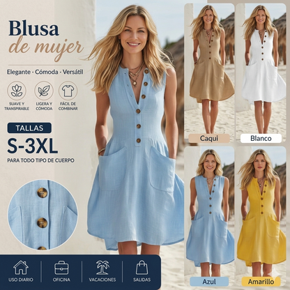 ✨【S-3XL】Vestido cómodo de algodón y lino para mujer, sin mangas, con botones.