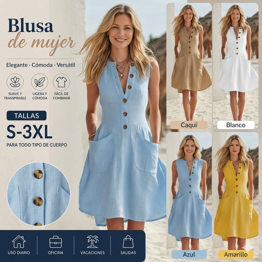 ✨【S-3XL】Vestido cómodo de algodón y lino para mujer, sin mangas, con botones.