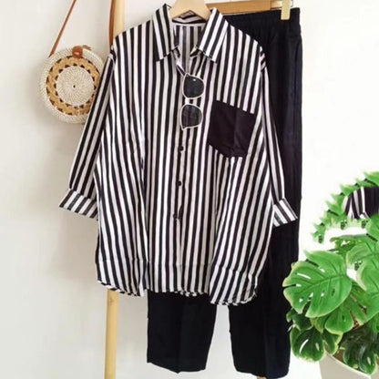 50% de descuento【S-5XL】Nuevo traje a rayas, elegante e informal, camiseta de manga larga + pantalón