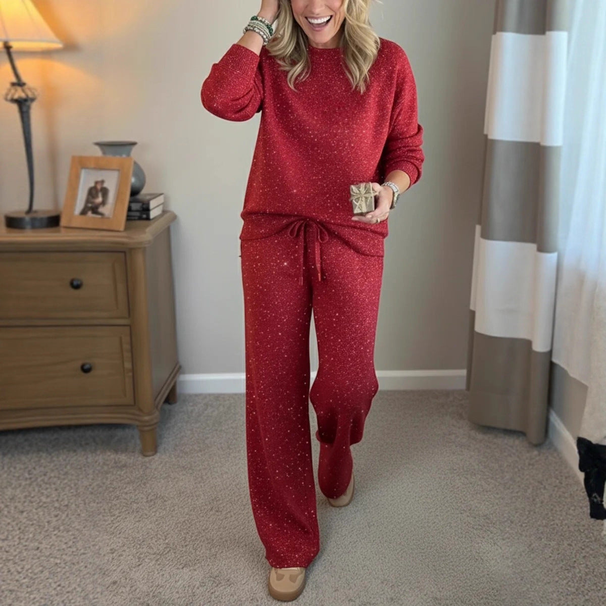 📢📢60% sleva!!!🎅Dámský dvoudílný komplet, který zahrnuje svetr s flitry a kalhoty