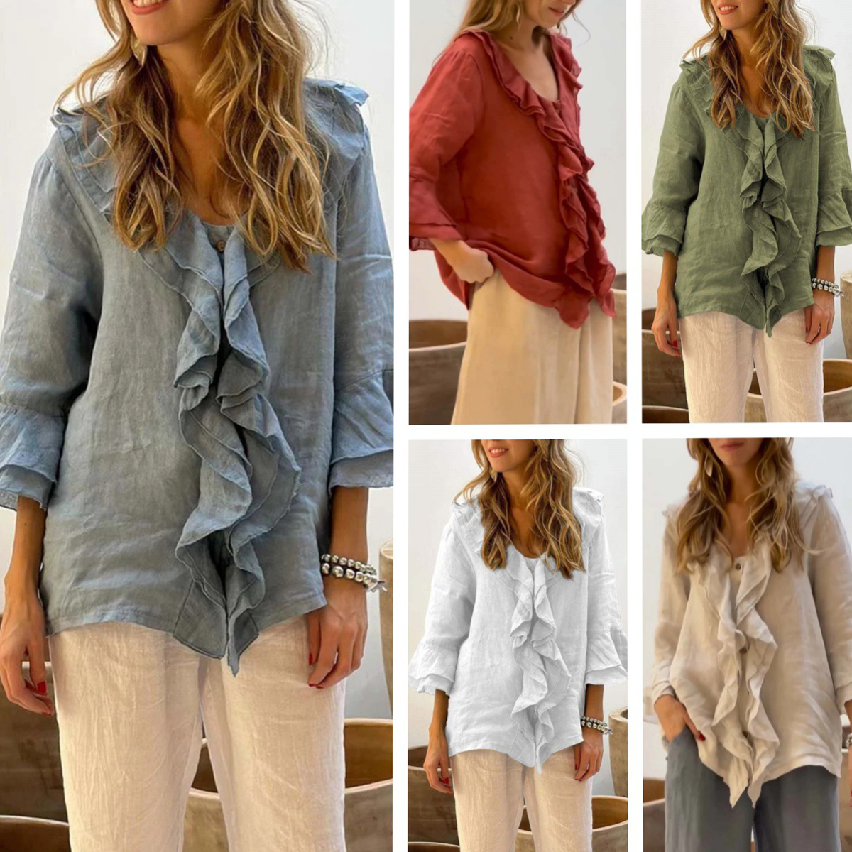 🔥Pago contra entrega✅️【40-100 kg】Camisa casual de moda para mujer, cuello en V con diseño de volantes