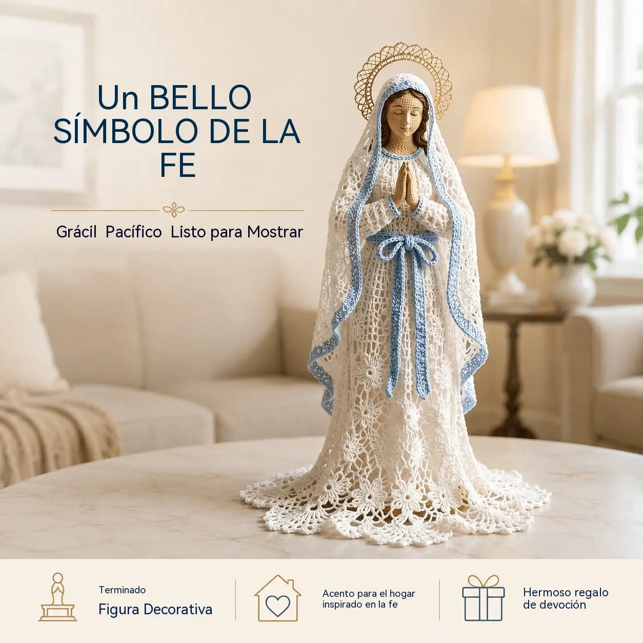 Figura de María tejida a mano al estilo ganchillo y encaje.