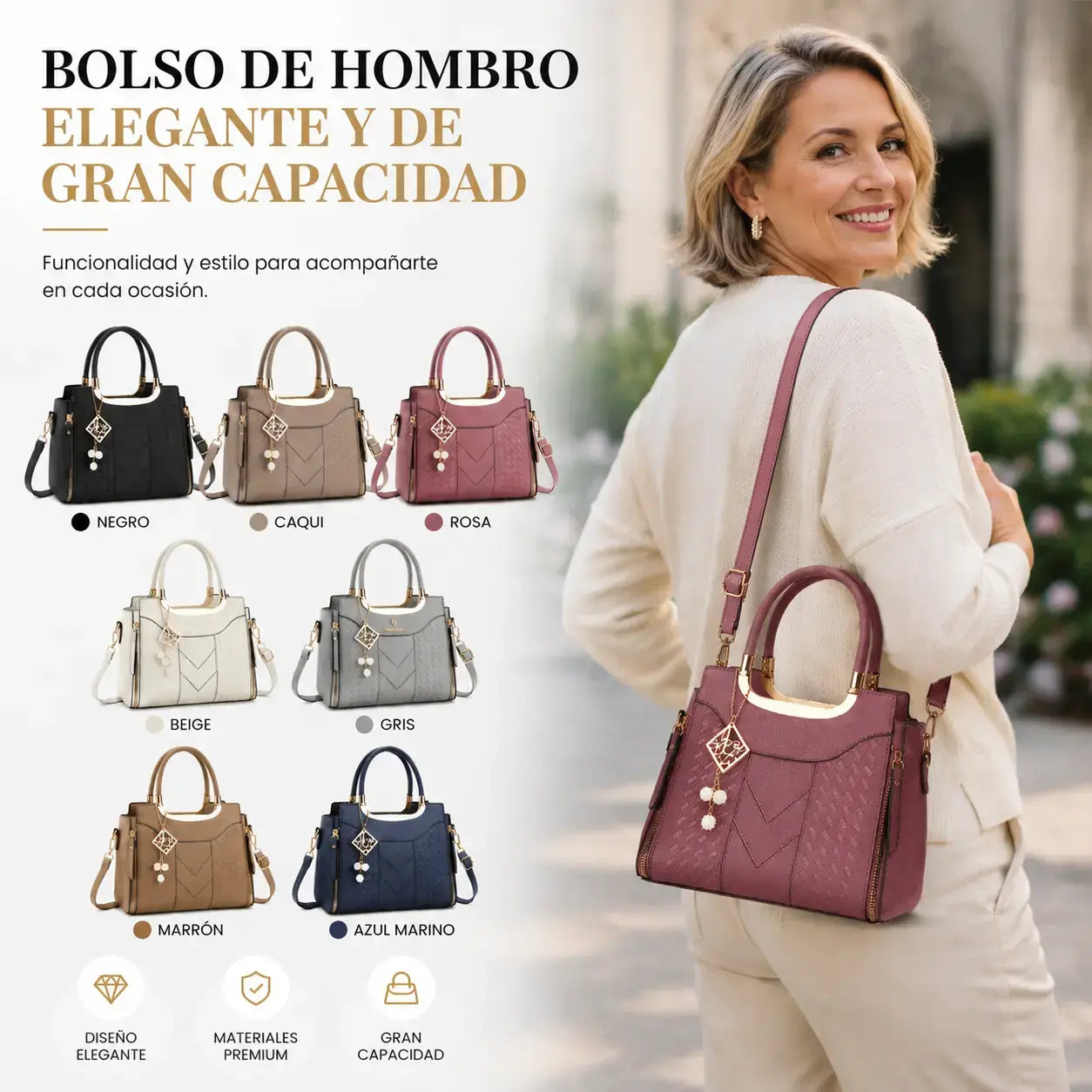 Dámska crossbody kabelka s prešívaním v tvare písmena V, kovaniami v zlatej farbe, viacerými priehradkami a hornou rukoväťou.