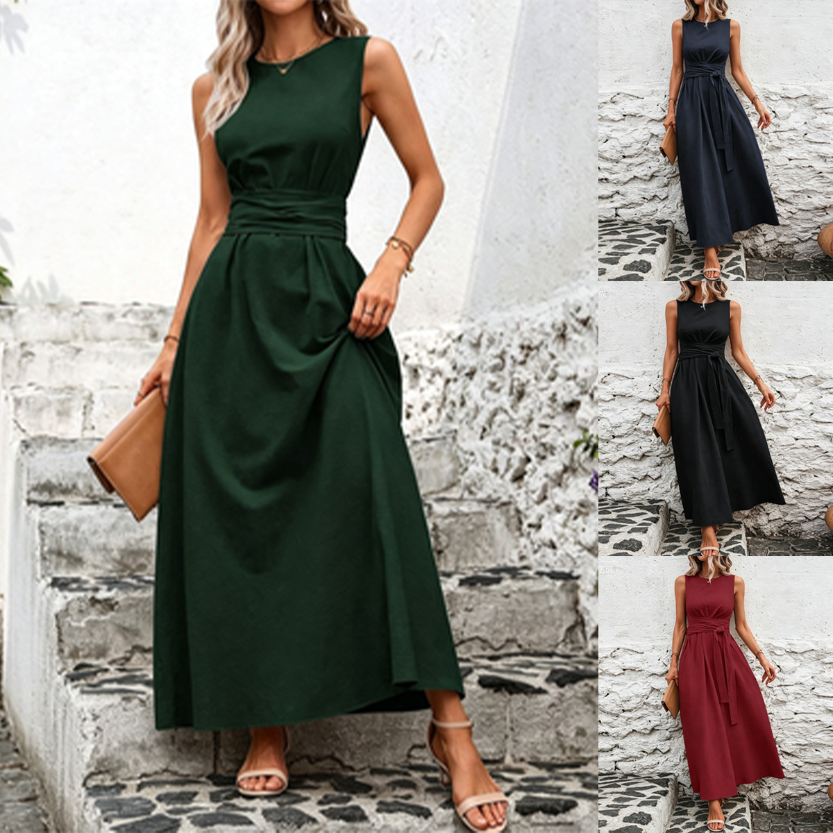 💋【S-3XL】Vestido casual elegante de color liso, cuello redondo, sin mangas, que ciñe la cintura