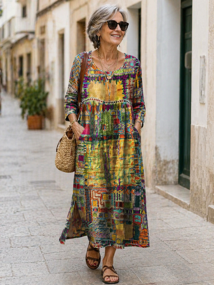 Manuela | Vestido Maxi Bohemio con Estampado de Patchwork Étnico