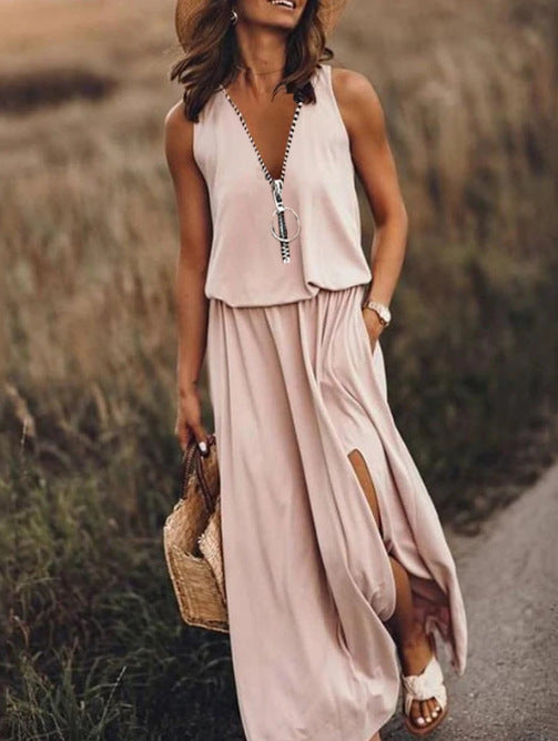 👗【S-4XL】Nuevo vestido de verano liso sin mangas con bajo asimétrico y abertura.✨