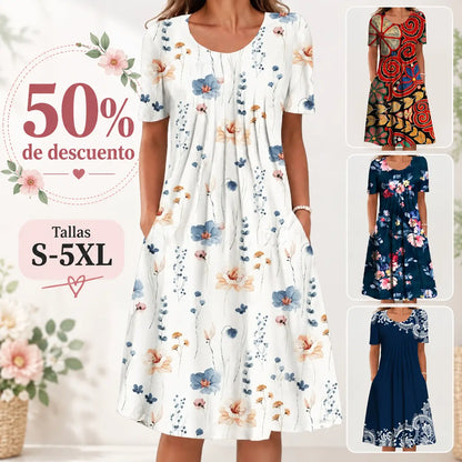 【50% de descuento】【Tallas S-5XL】🌺🌺 Vestido moderno con escote redondo y estampado.