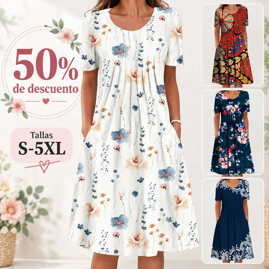 【50% de descuento】【Tallas S-5XL】🌺🌺 Vestido moderno con escote redondo y estampado.