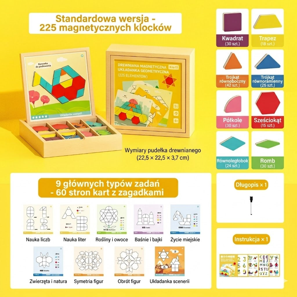 👶🌈🧩【225 elementów】🔥 Magnetyczny drewniany tangram – układanka edukacyjna, trening mózgu i kreatywnego myślenia dla dzieci