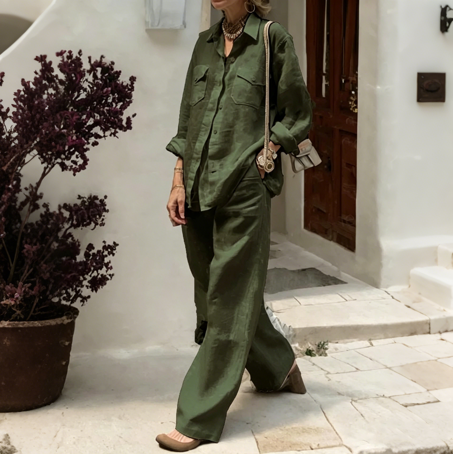 ✨😍【Camiseta + Pantalones】【40-120 kg】Conjunto de dos piezas para mujer, corte holgado, mezcla de algodón y lino, tejido transpirable ✅️Pago contra reembolso