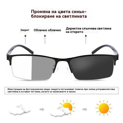 👓✨【50% отстъпка🔥】Метални фотохромни слънчеви очила с половин рамка, диоптрични очила с антисиня светлина, слънчеви очила за шофиране