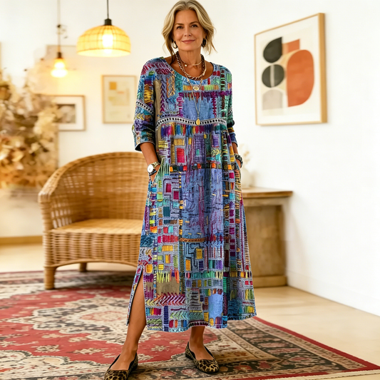 💟【50% ZĽAVA】【S-5XL】Dámske bavlnené šaty s etnickou potlačou a patchworkom, s čipkovým lemom