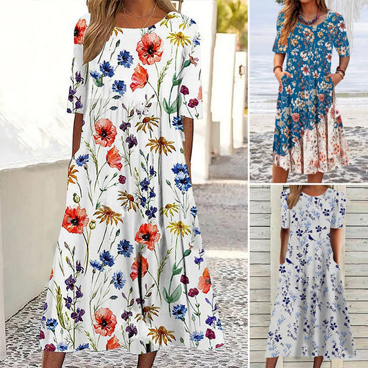 💐【S-3XL】Rochie elegantă de vară din bumbac, cu decolteu rotund și imprimeu pe buzunare 