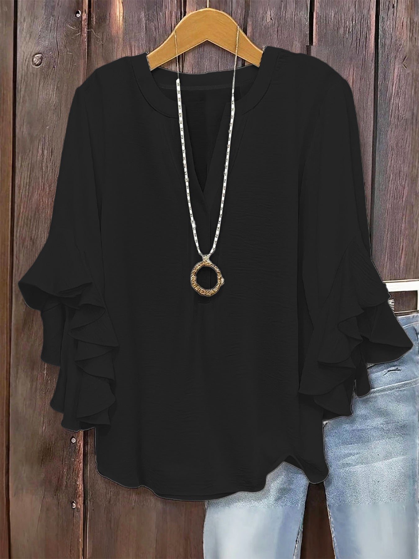【L-5XL】Camisa de mujer con escote en V y volantes para tallas grandes.