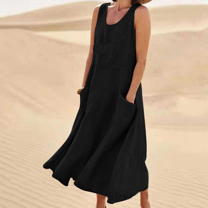 🌈👗【12 farieb, S-5XL】💖 Nové elegantné jednofarebné šaty bez rukávov s okrúhlym výstrihom z bavlny a ľanu na leto 2025.