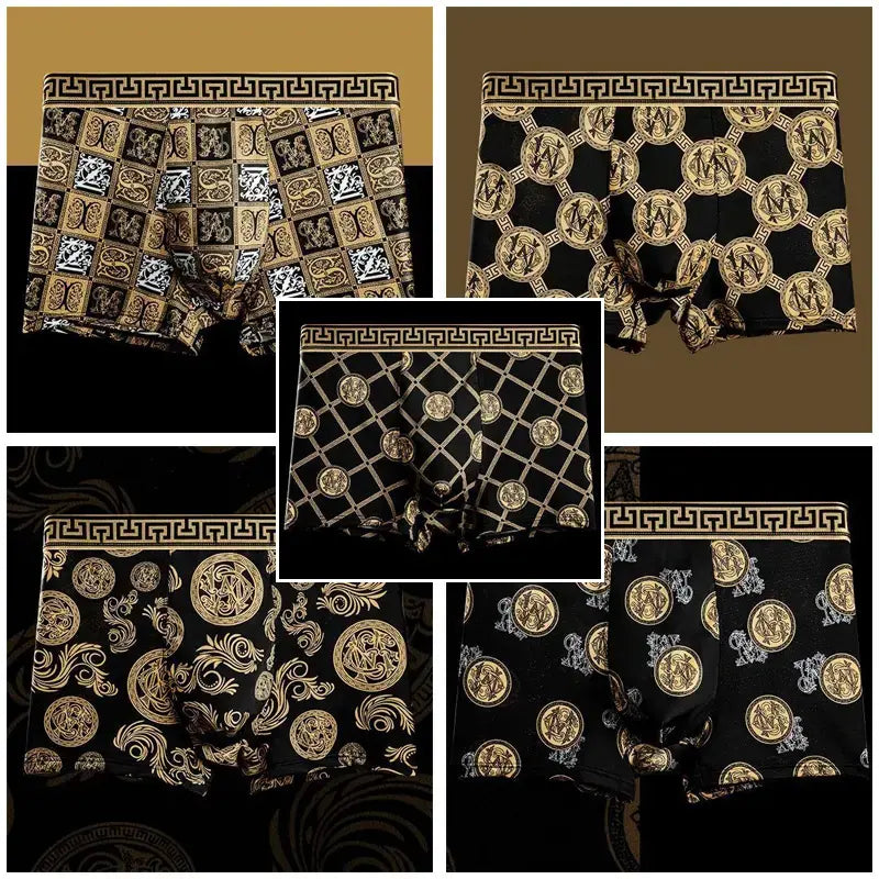 🚹✅【1 juego de 5 piezas】💥Ropa interior para hombre hecha de material de fibra de hielo transpirable, cómoda y sin costuras, disponible en tallas grandes, estampado de moda【40-140 kg】