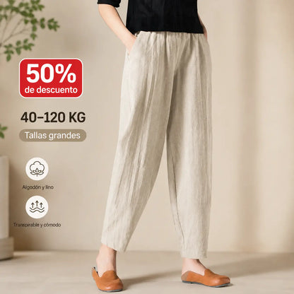 🌿50% DE DESCUENTO🔥【40-120 kg】Pantalones de mujer de algodón y lino de corte ancho, disponibles en tallas grandes
