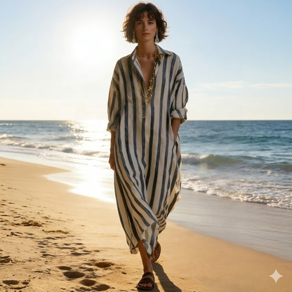 😍-50%🌴[S-3XL]Vestido camisero elegante de rayas sueltas con escote en V para mujer, ideal para el verano🌊
