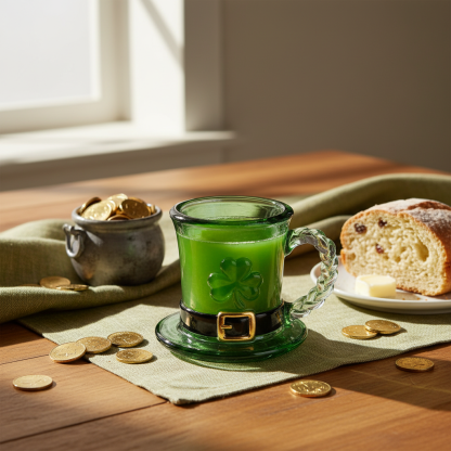 🔥【Zľava 50%】☕ Smaragdovo zelená sklenená šálka so škriatkovým klobúkom a štvorlístkom pre šťastie