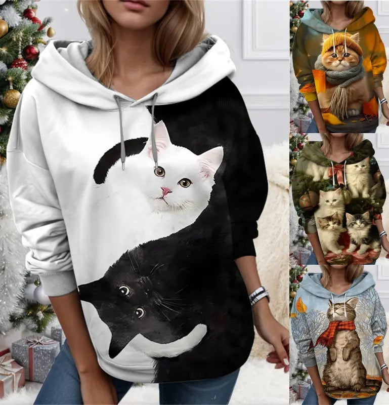 🐱🧥✨【1 unidad, S–3XL】Sudadera con capucha para mujer con estampado 3D de gato: suave, cómoda y perfecta para el uso diario.