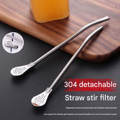 🥄☕Cuchara de paja de acero inoxidable 304 de doble uso, cuchara creativa para revolver café, filtro ecológico para té, leche y jugo