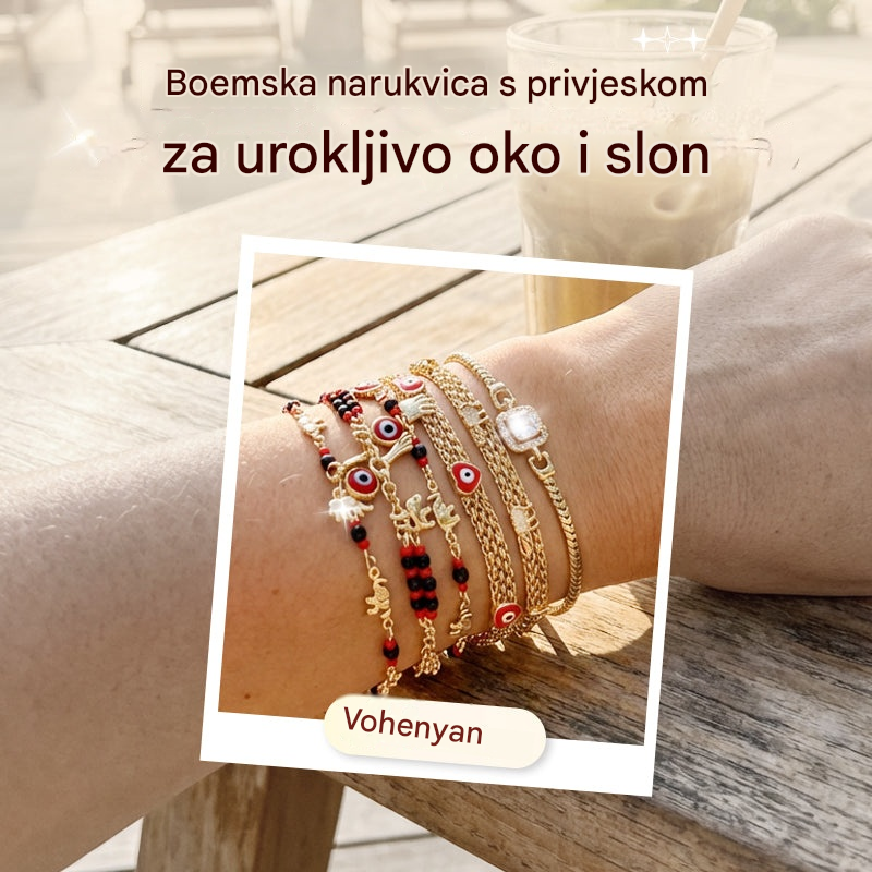 📿 Ponuda ograničenog trajanja: Kupite jedan, dobijte jedan gratis! 🌀 Narukvica u boemskom stilu, ukrašena privjeskom slona i privlačnim privjescima - privjesci su značajni, podesivi, pozlaćeni i dostupni u 7 stilova ✨