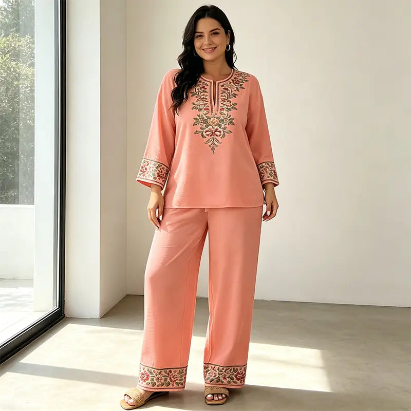 👒 Conjunto de Verano de Lino para Mujer de 2 Piezas: Blusa Holgada con Estampado Floral y Pantaloni Anchos – Tejido Suave, Transpirable y Respetuoso con la Piel 🌸✨