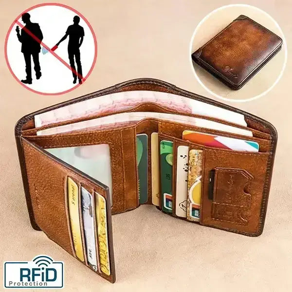 ✨ Cartera de cuero genuino para hombre con protección RFID, compacta y elegante