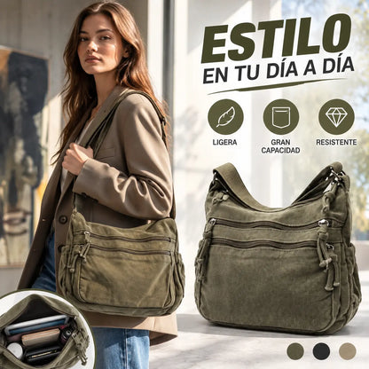 👜Oferta limitada: -55%✨Bolso bandolera de lona desgastada de gran capacidad: diseño con múltiples compartimentos con cremallera y correa ancha ajustable para el hombro.