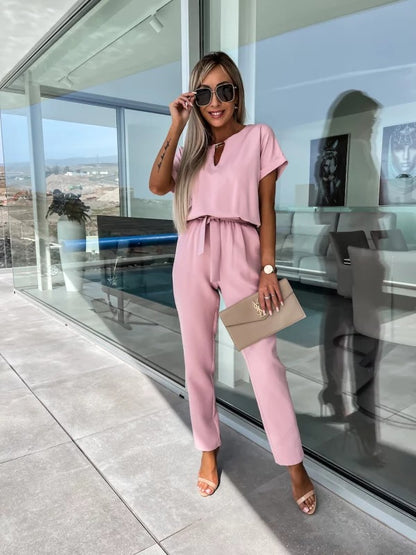 ✨ Conjunto de 2 Piezas Elegante: Top con Detalle en V y Pantalón con Lazo 💃