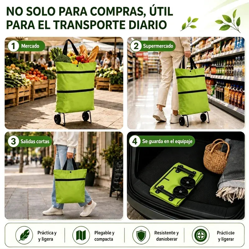 🛒 Carrito de Compras Plegable 2 en 1 – Bolsa con Ruedas y Asa Ajustable, Ligero y Portátil para Llevar al Hombro 🎒
