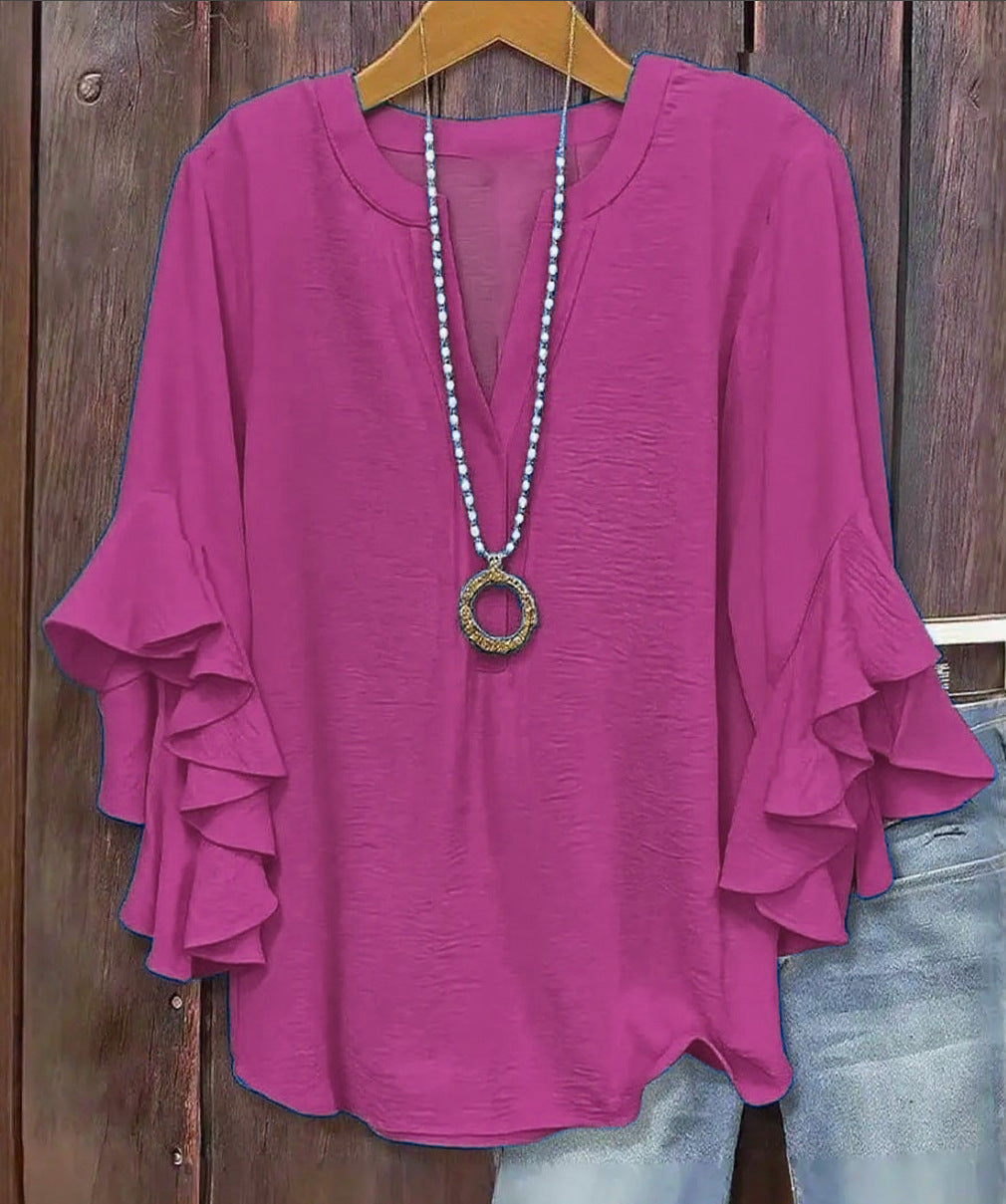 【L-5XL】Camisa de mujer con escote en V y volantes para tallas grandes.