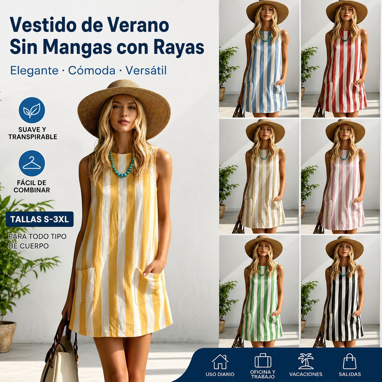 ✨🔥【Cantidad limitada】【S-3XL】Nuevo vestido casual de mujer con estampado de rayas, a la moda, para primavera/verano 2026