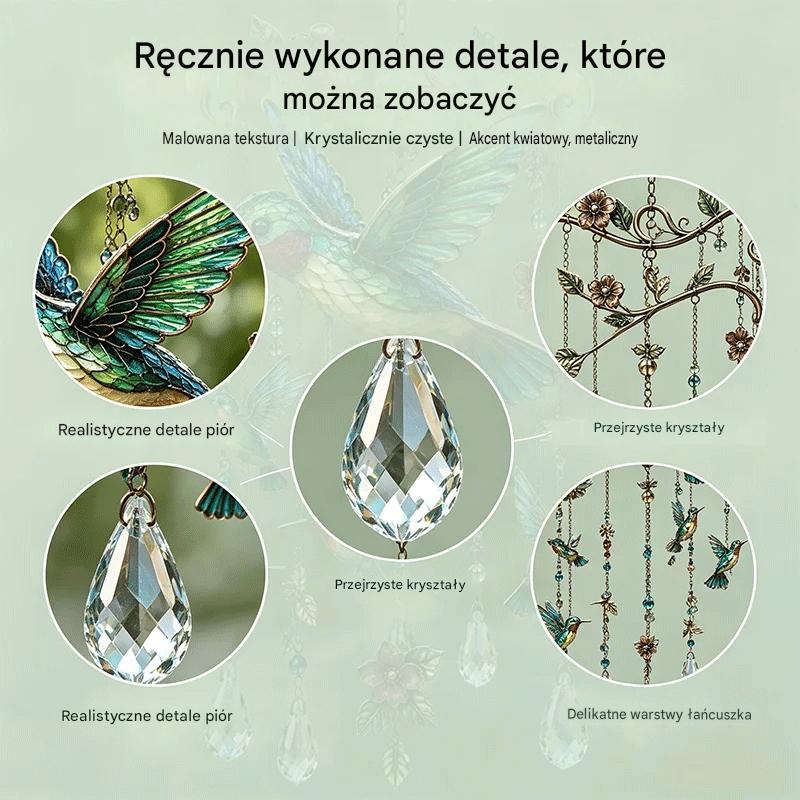 🐦 Kryształowy dzwonek wietrzny z kolibrem i malowanym wzorem w stylu retro