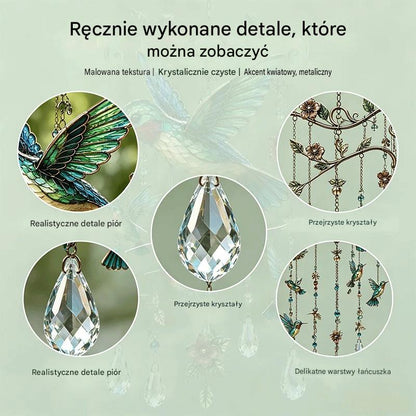 🐦 Kryształowy dzwonek wietrzny z kolibrem i malowanym wzorem w stylu retro