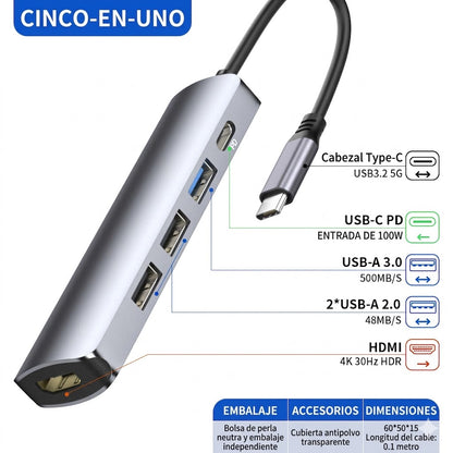 🔌✨ Hub USB-C portátil 5 en 1 con salida HDMI 4K 🎥💻