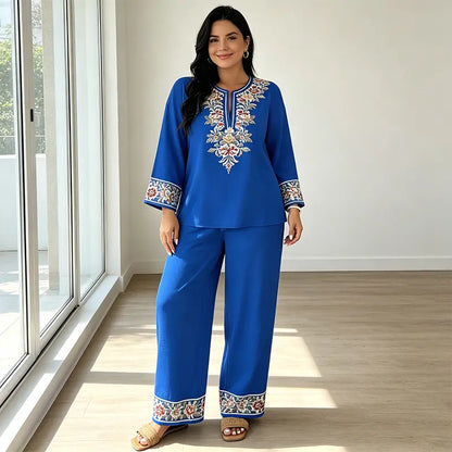 👒 Conjunto de Verano de Lino para Mujer de 2 Piezas: Blusa Holgada con Estampado Floral y Pantaloni Anchos – Tejido Suave, Transpirable y Respetuoso con la Piel 🌸✨
