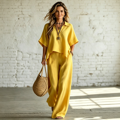 【S-5XL】Maribel | Conjunto de lino con mangas murciélago y pantalón ancho