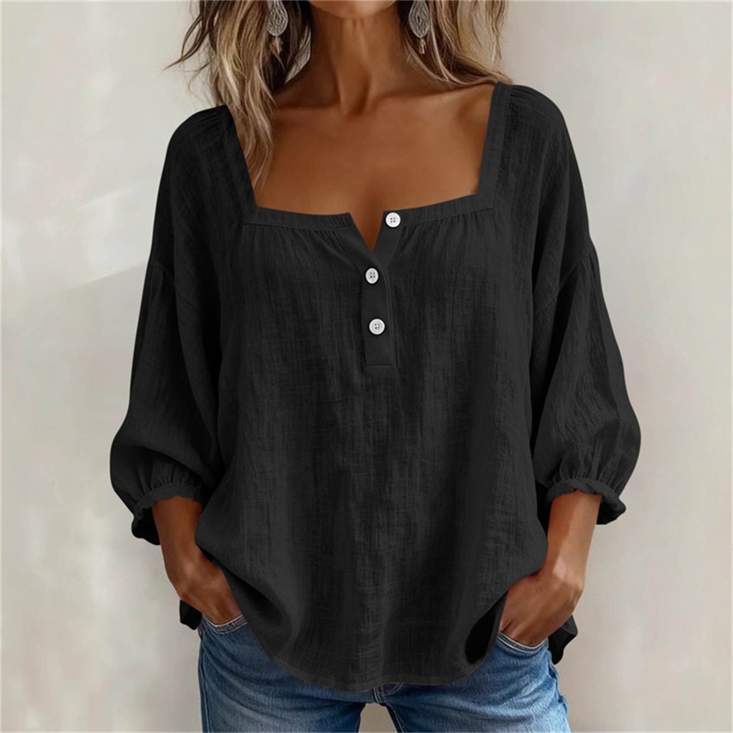 🌸【45-9G KG】Camisa Casual de Manga 3/4 para Mujer Blusa Elegante y Transpirable de Verano Top Holgado Color Liso