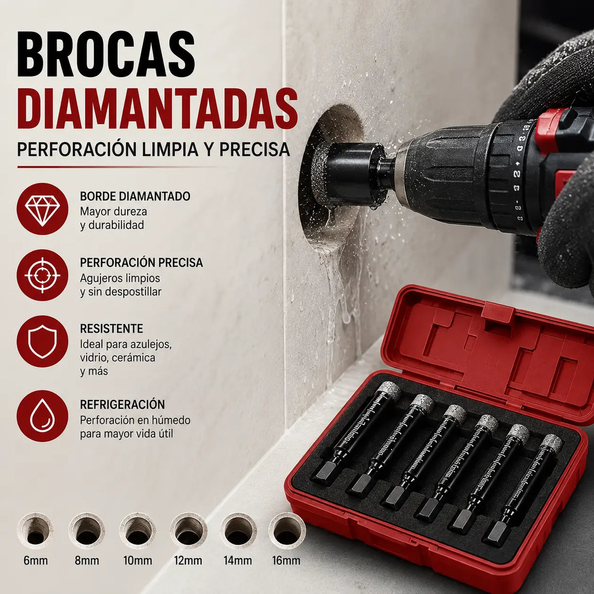 🔩【Juego de 6 piezas】Brocas diamantadas huecas para azulejos y cerámica – Perforación precisa【6/8/10/12/14/16 mm】