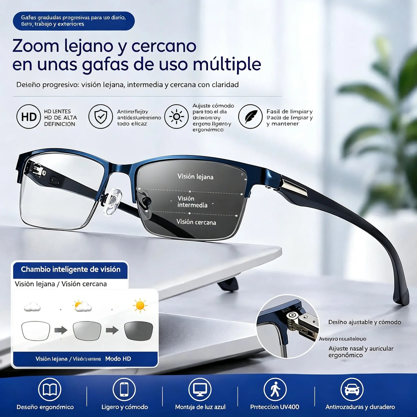 Nuevas gafas de lectura semi al aire para personas de mediana edad y mayores, con funciones de zoom, multifocales, fotosensibles, fotocromáticas y de bloqueo de luz azul.