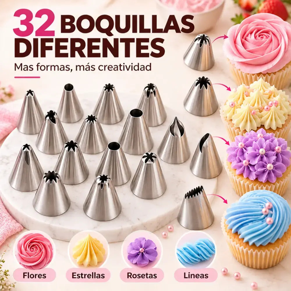 🎂✨ Set de 38 Piezas para Decorar Pasteles, 32 Boquillas de Acero Inoxidable con 2 Mangas Pasteleras de Silicona y Estuche Organizador 🧁