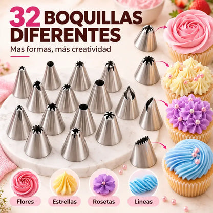 🎂✨ Set de 38 Piezas para Decorar Pasteles, 32 Boquillas de Acero Inoxidable con 2 Mangas Pasteleras de Silicona y Estuche Organizador 🧁