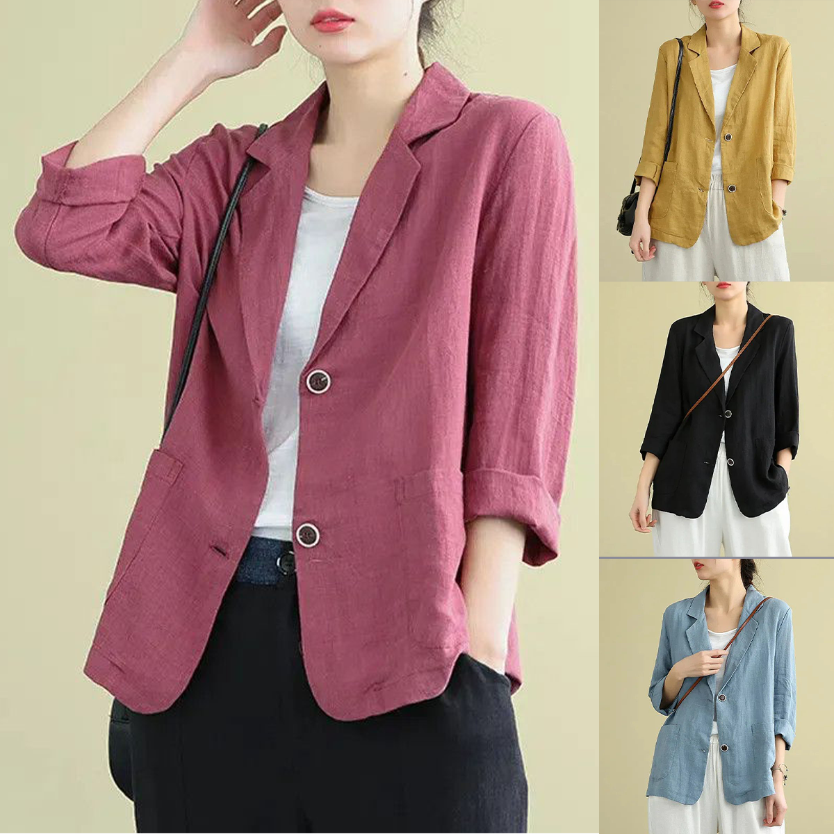 🔥Pago contra entrega✅️【40-90 kg】Camisa de traje casual de algodón y lino para mujer, diseño de cuello en V y botonadura simple