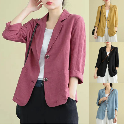 🔥Pago contra entrega✅️【40-90 kg】Camisa de traje casual de algodón y lino para mujer, diseño de cuello en V y botonadura simple